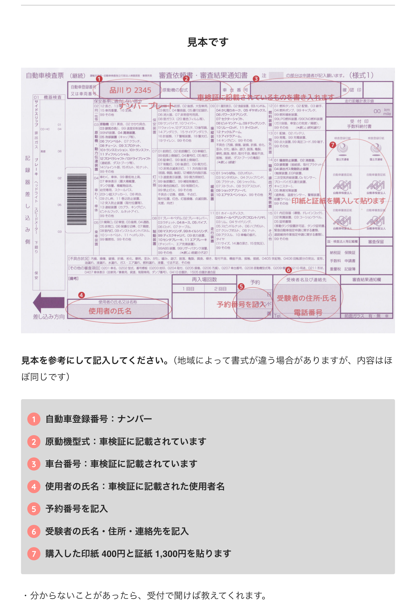 赤い番号と注釈を付けた自動車検査票の記入見本